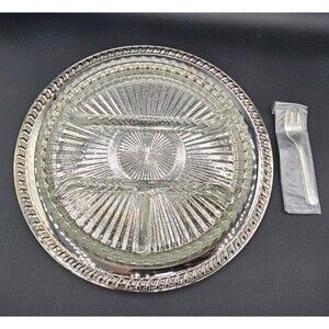 Vtg Leonard Silver Plated Server Glass Divided Tray 4 New Serving Forks Relish